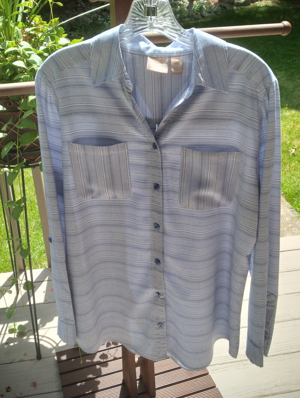 Chico's Size 1  Light Blue Striped Casual Button-Down Shirt Work Casual